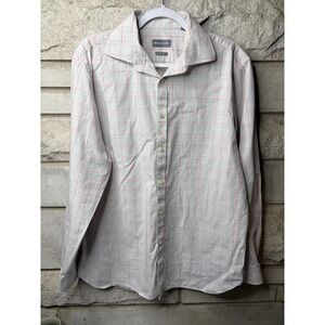 Michael Kors Mens Slim Fit Button Down Shirt Grey Pink Windowpane Plaid 16-16.5